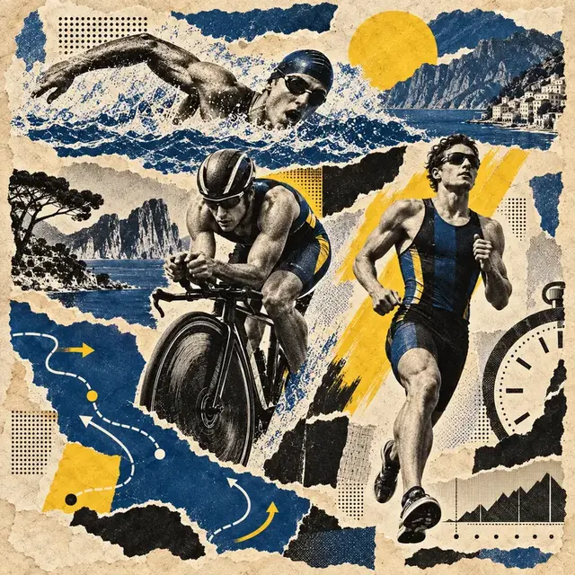 Collage vintage delle tre discipline del triathlon: nuoto, ciclismo e corsa